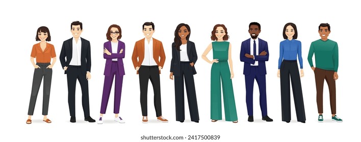 Group of happy diverse multiethnic young business people standing together. Isolated vector illustration