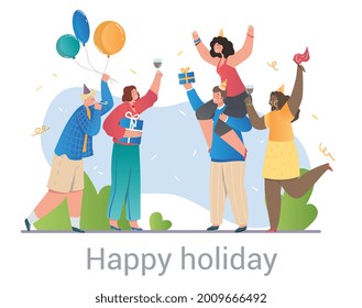 Group of happy diverse multiracial friends celebrating a Happy Birthday partying with champagne, gifts and balloons, colored flat cartoon vector illustration with text