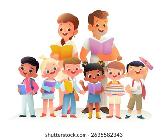 Group of Happy Diverse primary school kids Students and Teachers with Books. Teaching literacy, reading, and education in elementary school. Vector colorful isolated clipart for children education.