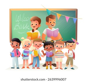 Group of Happy Diverse primary school kids Students and Teachers with Chalkboard. Back to school schoolchildren characters for elementary school. Vector isolated clipart for children education