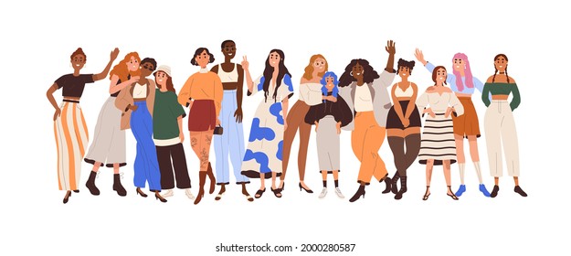 Group of happy diverse women with different skin color, figure types, height and race. Concept of body positivity and beauty in diversity. Flat vector illustration isolated on white background