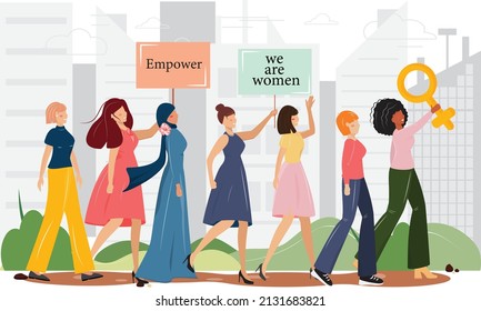 Group of happy diverse women walking in the city and demonstrating their empowerment. International Womens Day. 