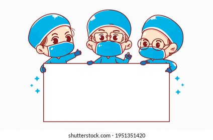 Group of happy doctors holding white blank board cartoon art illustration