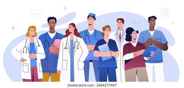 Group of happy doctors or medical team in hospital. Multiethnic nurses, young interns or physician specialists in uniform. Flat medics, healthcare workers or medic characters. Smiling staff in clinic.