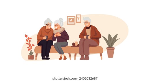 Group of happy elderly people drinking tea or coffee, communicating vector illustration