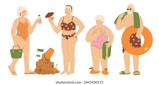 A group of happy elderly people in swimsuits on the beach. Healthy lifestyle, relaxation by the sea. Party for retirees. Vector illustration isolated on transparent background.