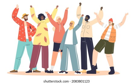 Group of happy excited multi ethnic people stand with hands raised cheerful celebrating success and victory. Happiness, celebration and unity concept. Cartoon flat vector illustration