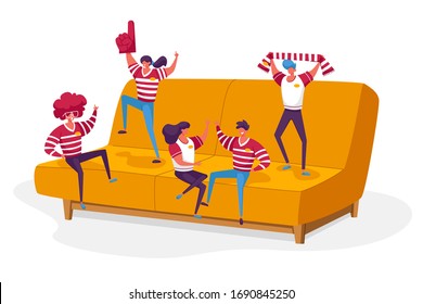 Group of Happy Fans Cheering for their Team Victory and Success. Tiny Male Female Characters with Funny Attribution and Uniform Sitting and Jumping on Huge Couch. Cartoon People Vector Illustration