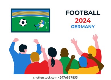 Un grupo de fanáticos felices está viendo fútbol en la televisión. Fútbol 2024 en Alemania. Hombres y mujeres están sentados frente a la TV. Ilustración vectorial sobre un fondo blanco