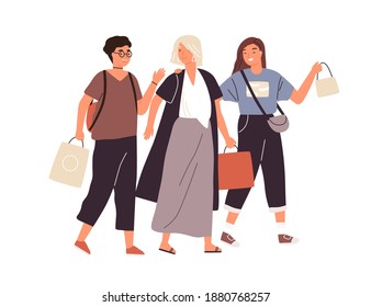 Group of happy female friends shopping vector flat illustration. Smiling woman buyers with packages walking and talking. Girlfriends spending time together isolated on white background