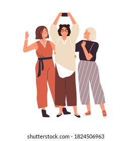 Un grupo de amigas felices que toman selfie usan una ilustración plana vectorial del smartphone. Mujer sonriente y de moda fotografiando juntos con emoción positiva aislada. Gente posando para la foto