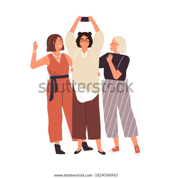 Group Happy Female Friends Taking Selfie Stock Vector Royalty Free Shutterstock