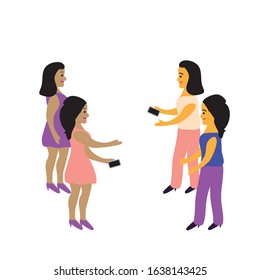 group of happy female students isolated on a white background flat design style