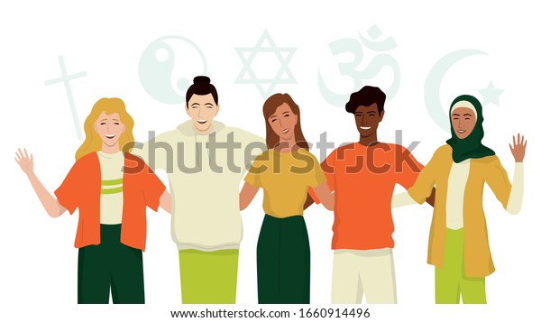 Group of happy friend of different religion.\
Islam, Judaism, Buddhism, Christianity, Hindu, Taoist. Religion\
diversity and Equal rights for everybody. Isolated vector\
illustration in cartoon\
style.
