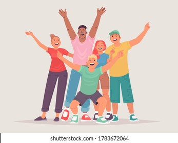 Group of happy friends. Cheerful girls and guys are happy and with their hands up. Joyful teenage characters. Friendship and happiness concept. Vector illustration in flat style