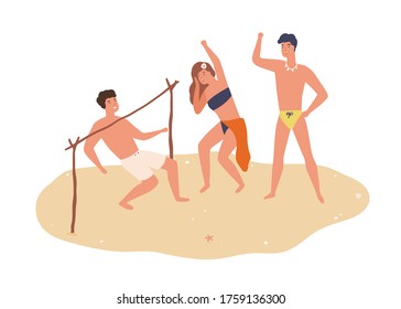 Group of happy friends dancing limbo on sand vector flat illustration. Smiling man and woman in swimsuits pass under bar with incline isolated on white. Relaxed people enjoying summer beach party
