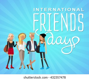 Group of happy friends with Friends day title. Cartoon hand drawn illustration 