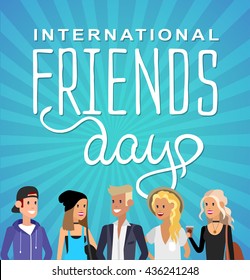 Group of happy friends with Friends day title. Cartoon hand drawn illustration for Friends day