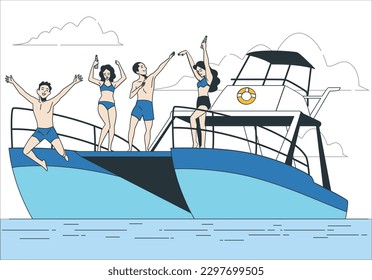 Group of happy friends diving from sailing boat into the sea - Young people jumping inside ocean in summer vacation - Main focus on right man - Travel and fun concept - Fisheye lens distortion