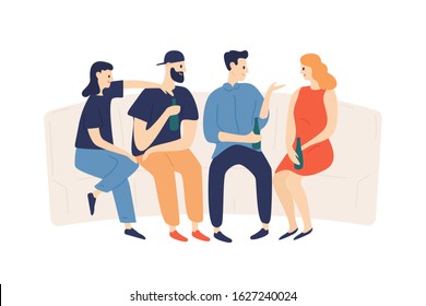 Group of happy friends drinking beer at party vector flat illustration. Smiling boys and girls talking together isolated on white background. People having fun during friendly conversation