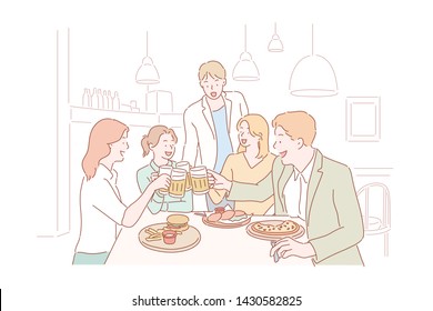 Group of happy friends drinking and toasting beer at brewery bar restaurant - Friendship concept with young people having fun together at cool vintage pub.Hand drawn style vector design illustrations.