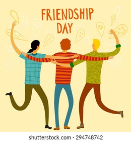 Group of happy friends enjoying Friendship Day. Cartoon hand drawn illustration for your design.