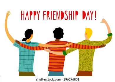 Group of happy friends enjoying Friendship Day. Cartoon hand drawn illustration for your design.