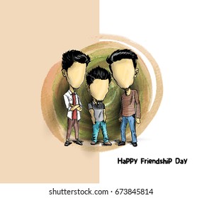 Group of happy friends enjoying Friendship Day. Cartoon Hand Drawn Sketch Vector Background.