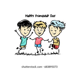 Group of happy friends enjoying Friendship Day. Cartoon Hand Drawn Sketch Vector Background.