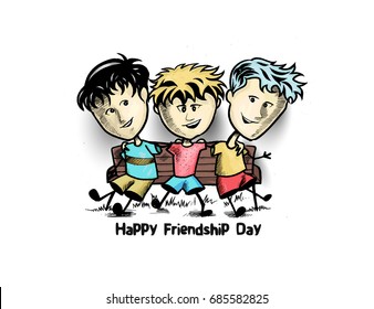 Group of happy friends enjoying Friendship Day. Cartoon Hand Drawn Sketch Vector Background.