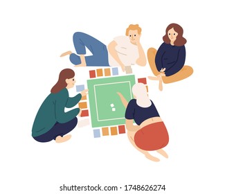 Group of happy friends or family members playing table game together vector flat illustration. Smiling people lying and sitting on floor with cards and cubes isolated on white background