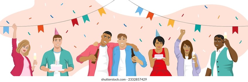 Group of happy friends having celebration party. Women wearing dress drinking champagne and men in shirts drinking beer, holding cakes. Confetti and flags. Concept of joyful event. Vector illustration