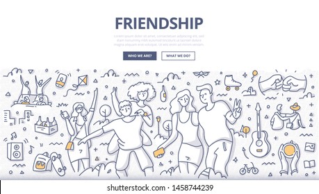 Group of happy friends having fun, spending time together. Friendship & free people lifestyle concept. Doodle illustration for web banners, hero images, printed materials