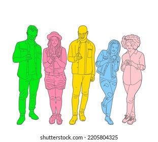 Group of happy friends holding smartphone. Large rectangular size. Suitable for websites, Social media and layouts, Stickers, Banners, Art and collages, General use cases. vector.