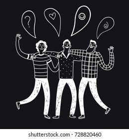 Group of happy friends hugging each other. Black and white doodle illustration about unity and friendship for your design.