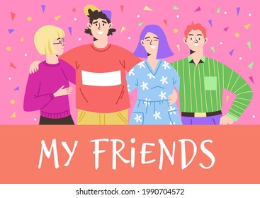 Group of happy friends introverts and extroverts. People with features of personality temperament, behaviors and mindset standing together. Flat cartoon vector illustration.