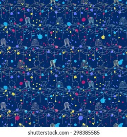 Group of happy friends on party with splash and lights. Doodle seamless background. Cartoon hand drawn illustration for your design.