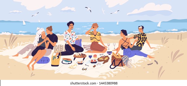 Group of happy friends at picnic on seashore. Young smiling men and women eating food on sandy beach. Cute funny people having lunch together on sea shore. Flat cartoon colorful vector illustration.