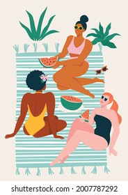 Group of happy friends at picnic on seashore. Young smiling women eating food on sandy beach. Cute funny people having lunch together on sea shore. Flat cartoon colorful vector illustration.