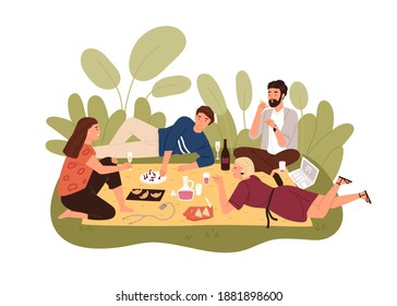 Group of happy friends relaxing outdoors on picnic blanket. Male and female characters eating, drinking and chatting outside. People spending summertime together in nature. Flat vector illustration