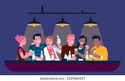 Group of happy friends relaxing together. People drinking alcoholic beverages at bar counter. Men and women with beer bottles or pint glasses. Weekend leisure. Night club