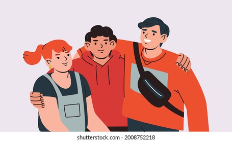 Group of happy friends smiling and hugging together. Portrait of female and male characters. Friendship concept. Hand drawn vector colorful funny cartoon style illustration