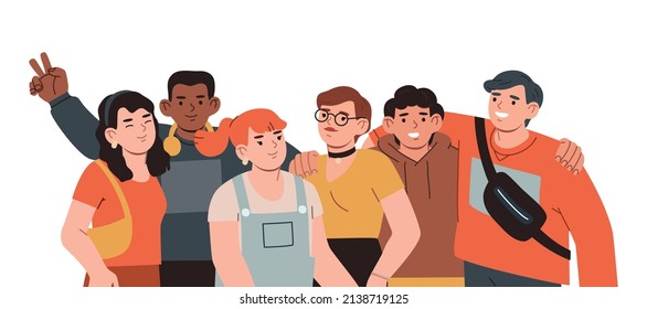 Group of happy friends smiling and hugging together. Portrait of female and male characters. Friendship concept. Hand drawn vector colorful funny cartoon style illustration