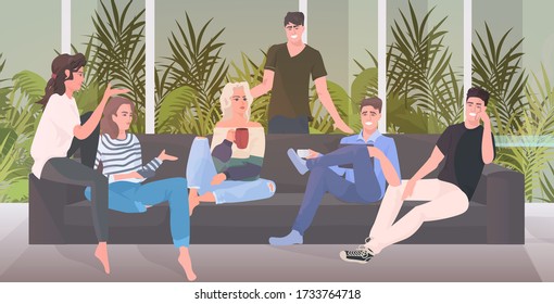 group of happy friends spending time together men women sitting on sofa having fun living room interior horizontal full length vector illustration