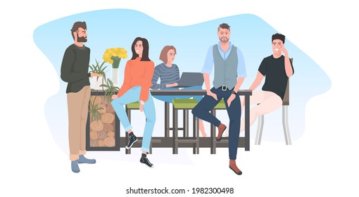 group of happy friends spending time together men women sitting at cafe counter having fun communication