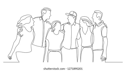 group of happy friends standing together and laughing - one line drawing