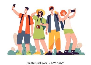 Un grupo de amigos felices turistas viajeros. Ilustración vectorial.