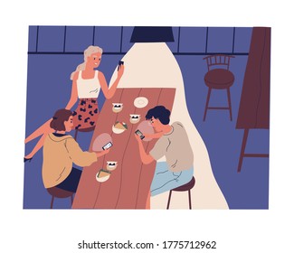 Group of happy friends use smartphone at cafe vector flat illustration. Man and woman surfing internet sitting at table with food isolated on white. Addicted people looking at screen of mobile phones