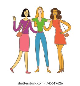 Group of happy girls hugging each other. Doodle colorful illustration about unity and friendship for your design.