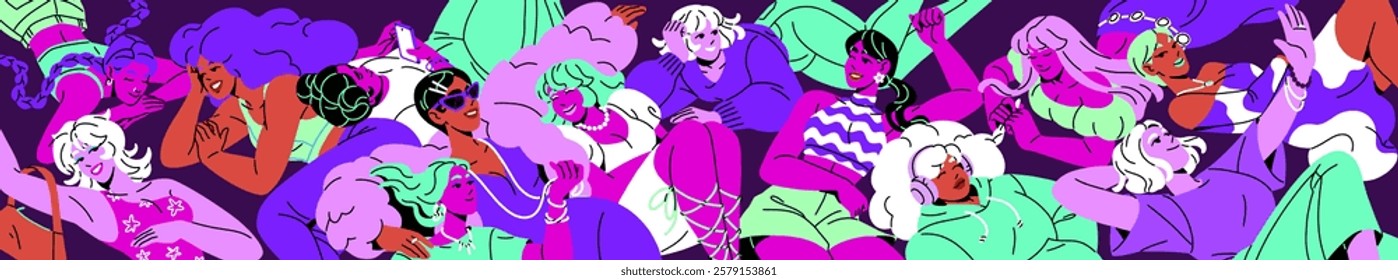 Group of happy girls lying, relax together top view. Friends have fun at neon party. Diverse young women love, hug, talk. Concept of sisterhood, feminism, female support. Flat vector illustration